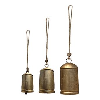 Zaira Decorative Iron Cowbell Set of 3, Cylindrical, Antique Gold Finish, Jute Hanging Rope