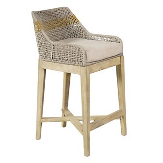 Avira 30 Inch Set of 2 Barstool Chairs, Handcrafted Mango Wood, Cotton Rope Weaving, Beige Cushion