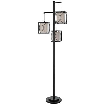 Lany 73 Inch Floor Lamp, 3 Hanging Lantern Style Shades, Black Iron