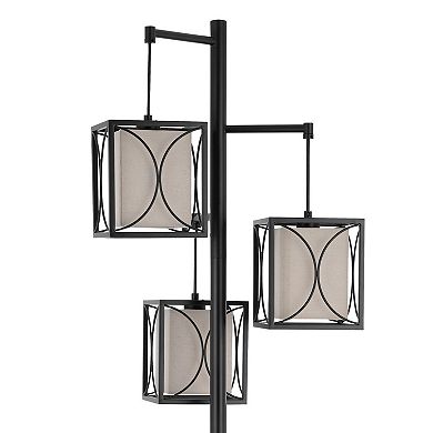 Lany 73 Inch Floor Lamp, 3 Hanging Lantern Style Shades, Black Iron