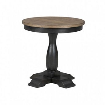 Ginie Round End Table, Rustic Black Brown Solid Rubberwood, 24 Inch