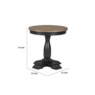 Ginie Round End Table, Rustic Black Brown Solid Rubberwood, 24 Inch