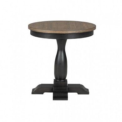 Ginie Round End Table, Rustic Black Brown Solid Rubberwood, 24 Inch