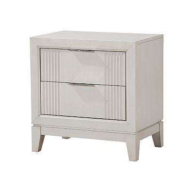 Flo Nightstand, 2 Drawers, Antique White Wood, Chrome Edge Handles