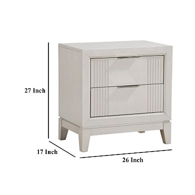 Flo Nightstand, 2 Drawers, Antique White Wood, Chrome Edge Handles