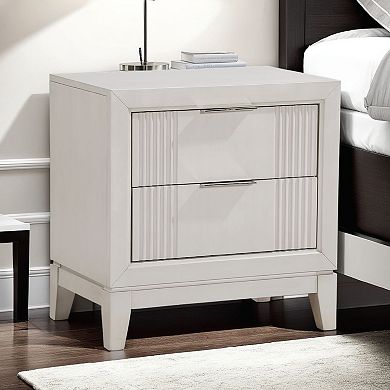 Flo Nightstand, 2 Drawers, Antique White Wood, Chrome Edge Handles