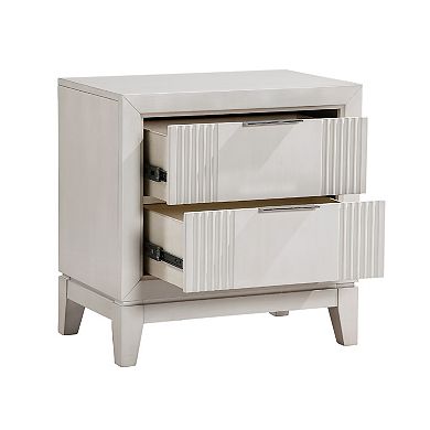 Flo Nightstand, 2 Drawers, Antique White Wood, Chrome Edge Handles