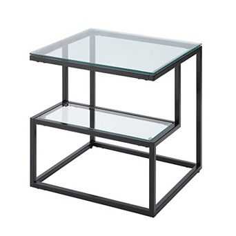 Elena End Table with 2 tier Design, Glass Top and Shelf, Black Metal