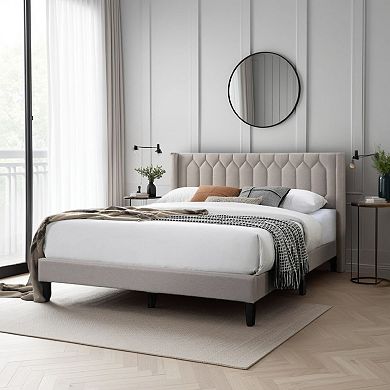 Jeo Bed, Geometric Stitched Burlap Upholstery