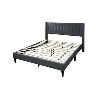 Jeo Bed, Geometric Stitched Burlap Upholstery