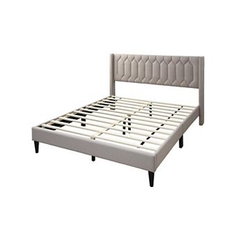 Jeo Bed, Geometric Stitched Burlap Upholstery