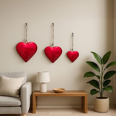 Myri Decorative Metal Heart Wall Decor Set of 3, Iron with Jute Hanging Rope