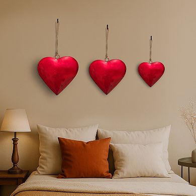 Myri Decorative Metal Heart Wall Decor Set of 3, Iron with Jute Hanging Rope
