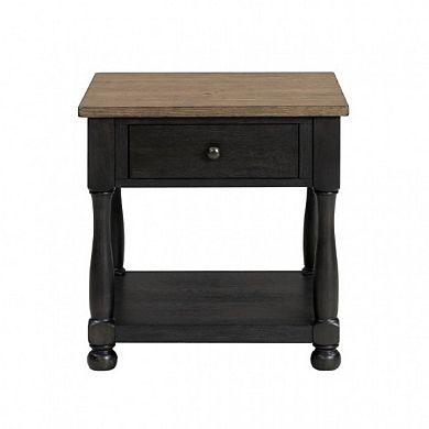 Ginie Chairside End Table, 1 Drawer, Black Brown Solid Wood, 24 Inch