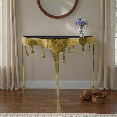 Capri Sofa Console Table, Half Moon Glass Top, Melting Drip Design, Aluminum Cast