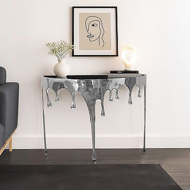 Capri Sofa Console Table, Half Moon Glass Top, Melting Drip Design, Aluminum Cast