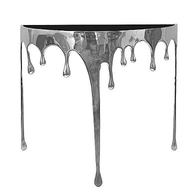 Capri Sofa Console Table, Half Moon Glass Top, Melting Drip Design, Aluminum Cast