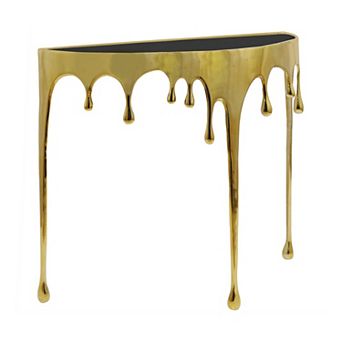 Capri Sofa Console Table, Half Moon Glass Top, Melting Drip Design, Aluminum Cast