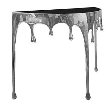 Capri Sofa Console Table, Half Moon Glass Top, Melting Drip Design, Aluminum Cast