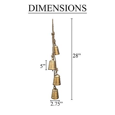 Zema Rustic Iron Hanging Bells Wall Decor, Cylindrical Cowbell on 28 Inch Jute Rope, Antique Gold