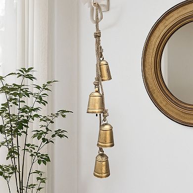 Zema Rustic Iron Hanging Bells Wall Decor, Cylindrical Cowbell on 28 Inch Jute Rope, Antique Gold