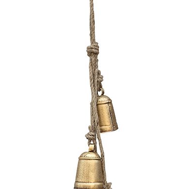 Zema Rustic Iron Hanging Bells Wall Decor, Cylindrical Cowbell on 28 Inch Jute Rope, Antique Gold