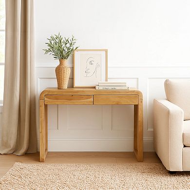 Arlow Console Table, 43" Wide Top, Handcrafted Natural Brown Acacia Wool, Dual Drawer Storage