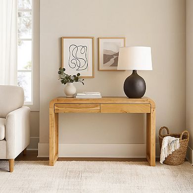Arlow Console Table, 43" Wide Top, Handcrafted Natural Brown Acacia Wool, Dual Drawer Storage