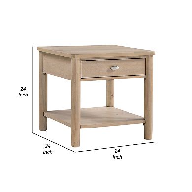 Neka Side End Table, Drawer Shelf, Brown Wood and Veneer, 24 Inch