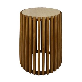 Gexy Side End Table, Marble Top, Slatted Drum Base