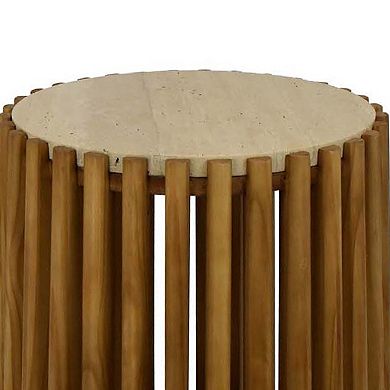 Gexy Side End Table, Marble Top, Slatted Drum Base