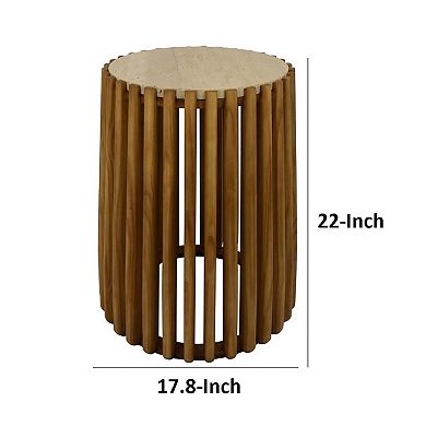 Gexy Side End Table, Marble Top, Slatted Drum Base