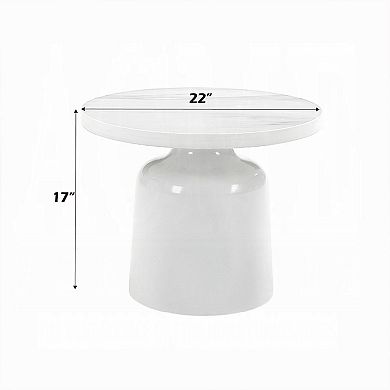 Zayn Round End Table with Pedestal Base, White Faux Marble, 22 Inch