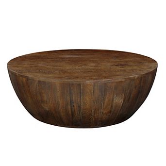 Arthur Coffee Table, 35.5" Round Top, Drum Shaped Sandblasted Walnut Brown Mango Wood