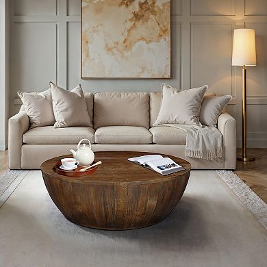 Arthur Coffee Table, 35.5" Round Top, Drum Shaped Sandblasted Walnut Brown Mango Wood