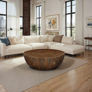 Arthur Coffee Table, 35.5" Round Top, Drum Shaped Sandblasted Walnut Brown Mango Wood