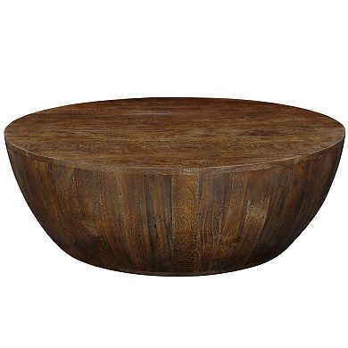 Arthur Coffee Table, 35.5" Round Top, Drum Shaped Sandblasted Walnut Brown Mango Wood