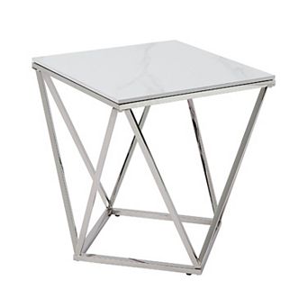 Allie End Table, White Sintered Stone, Silver Stainless Steel 21 Inch