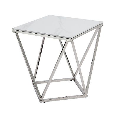 Allie End Table, White Sintered Stone, Silver Stainless Steel 21 Inch