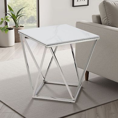 Allie End Table, White Sintered Stone, Silver Stainless Steel 21 Inch