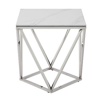 Allie End Table, White Sintered Stone, Silver Stainless Steel 21 Inch