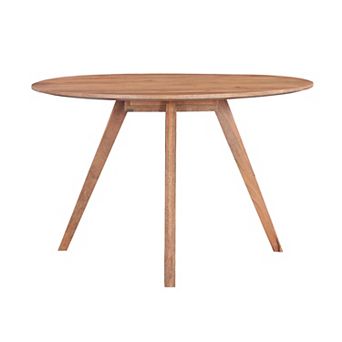 Temi Dining Table, 47" Round Top, Handmade Natural Brown Mango Wood, Angled Four Legged Base