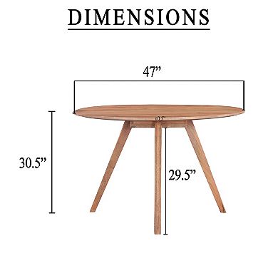 Temi Dining Table, 47" Round Top, Handmade Natural Brown Mango Wood, Angled Four Legged Base