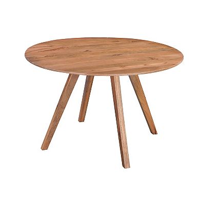 Temi Dining Table, 47" Round Top, Handmade Natural Brown Mango Wood, Angled Four Legged Base