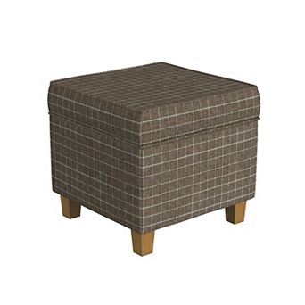 Pyp Square Storage Ottoman, 18 Inch Brown Windowpane Fabric, Wood Legs