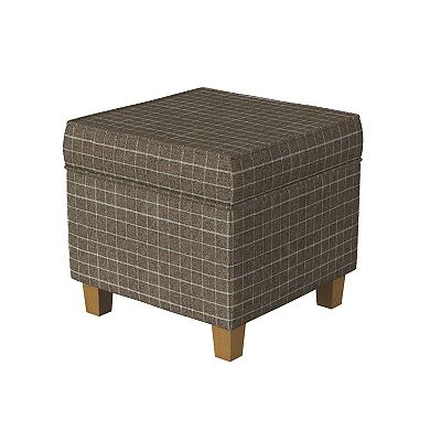 Pyp Square Storage Ottoman, 18 Inch Brown Windowpane Fabric, Wood Legs