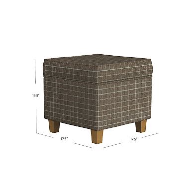 Pyp Square Storage Ottoman, 18 Inch Brown Windowpane Fabric, Wood Legs