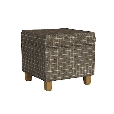 Pyp Square Storage Ottoman, 18 Inch Brown Windowpane Fabric, Wood Legs