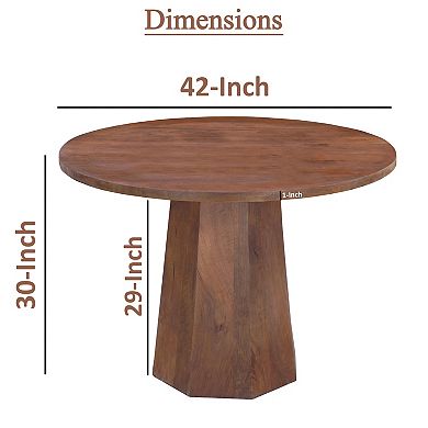 Koi Dining Table, 42inch Round Top, Handmade Ambre Brown Mango Wood, Octagonal Pedestal Base