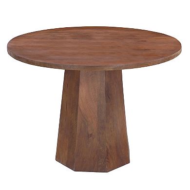 Koi Dining Table, 42inch Round Top, Handmade Ambre Brown Mango Wood, Octagonal Pedestal Base
